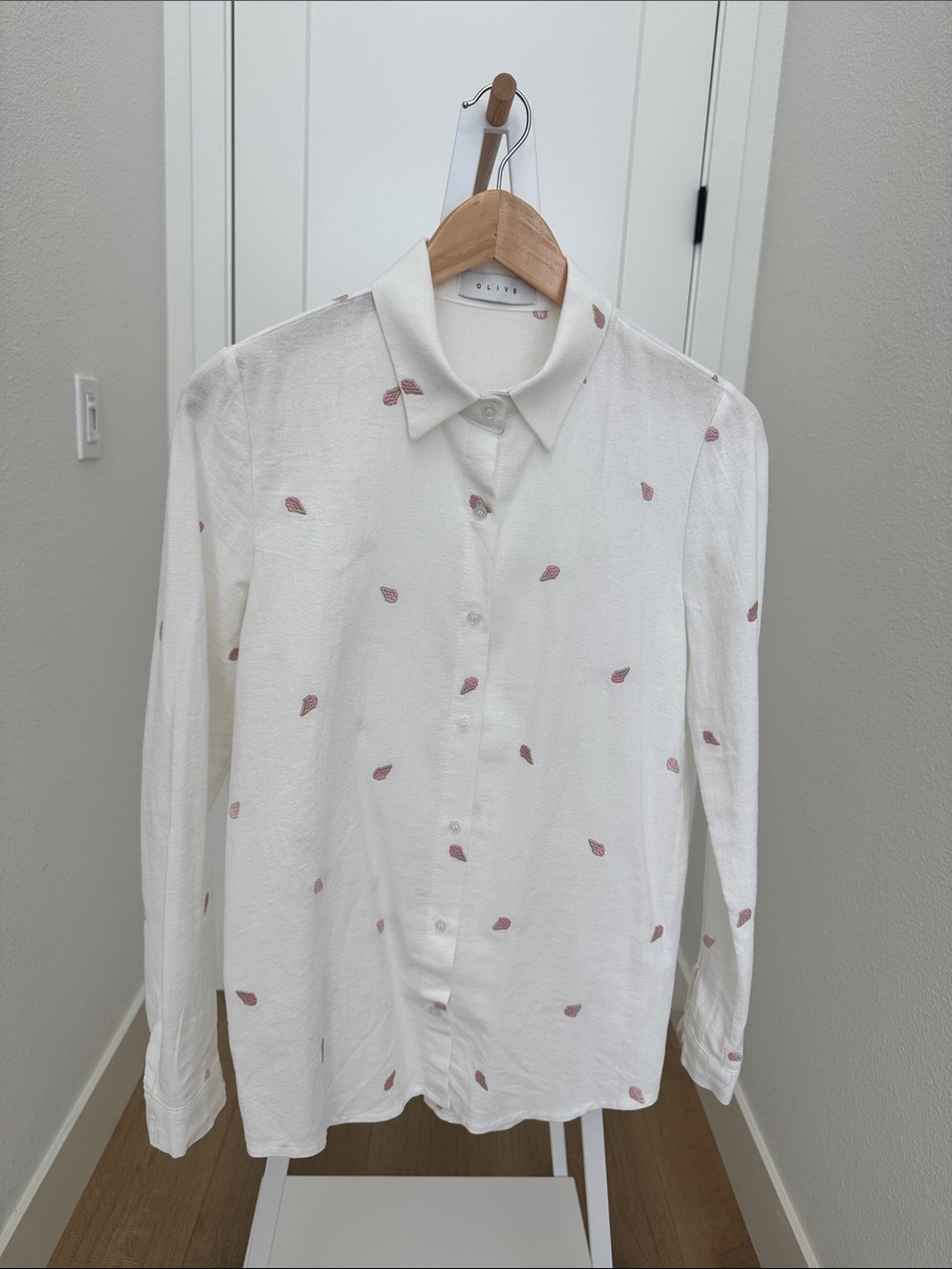 Olive white button-up shirt with pink ice cream embroidery